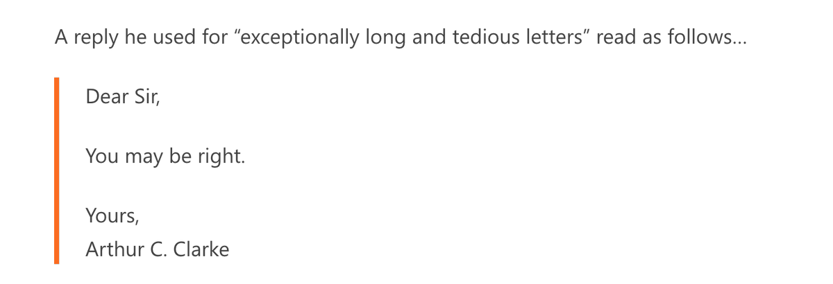tedgioia's tweet image. How Arthur C. Clarke responded to long and tedious letters. news.lettersofnote.com/p/the-proverbi…