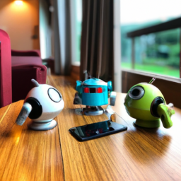 Caption for Instagram and Twitter posts: 'When you finally catch your gadgets having a secret meeting 😂🤖📱💻 #TechTalk #GadgetGossip #RoboConference'