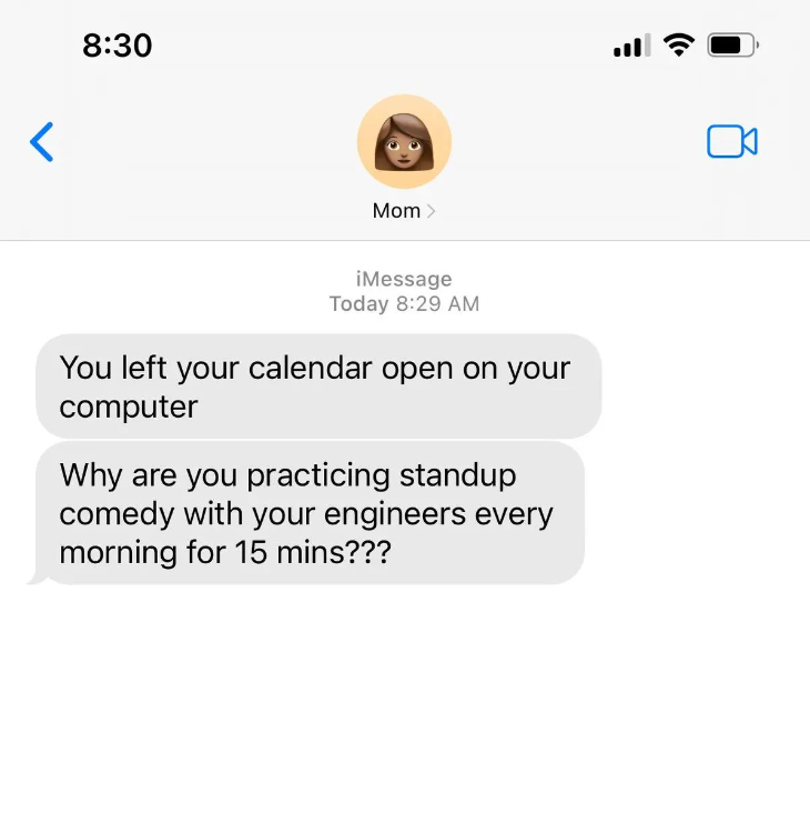 SkillStorm's tweet image. If only it were a comedy session, Mom. Happy Friday! ☕ 
Also... is 15 minutes enough time? ⌛

#coderhumor #techmeme