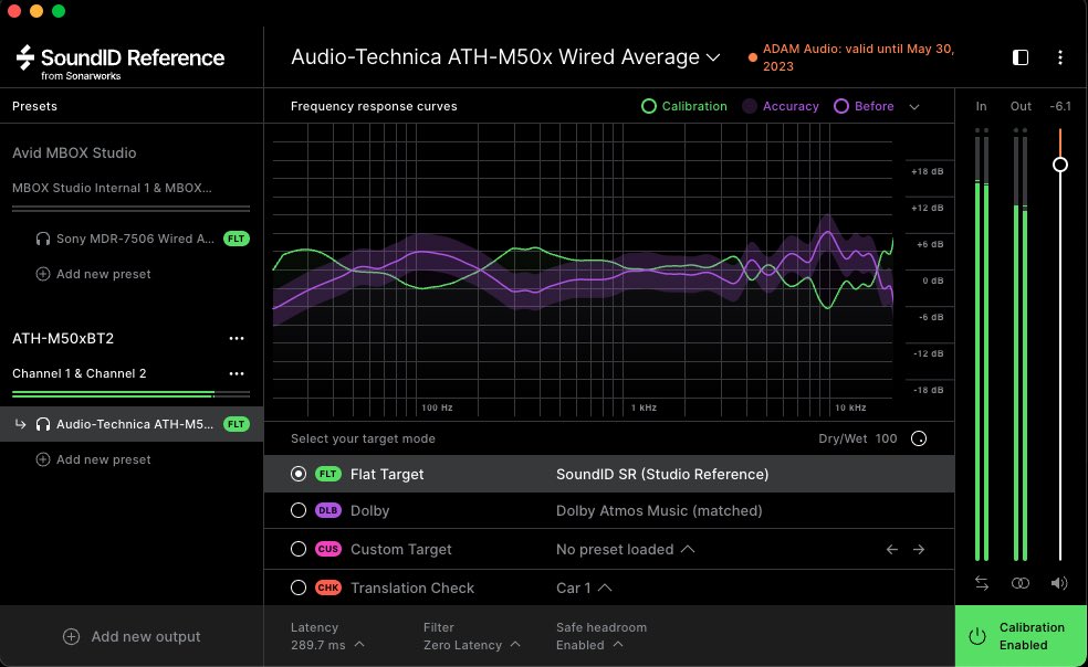 Rpjs7X64RpoVfYk's tweet image. #SoundIDReference 試してみた。明日スピーカーを調整するとして、今日は今までマスタリングで使ってたヘッドフォン(ATH-M50x)で試したところやはり100Hz、10kHz辺りが出過ぎていて抑えられた（紫：M50x、緑：補正）今まで作曲時に低音と高音を抑え気味にマスタリングしてたことになる。勉強になるなー