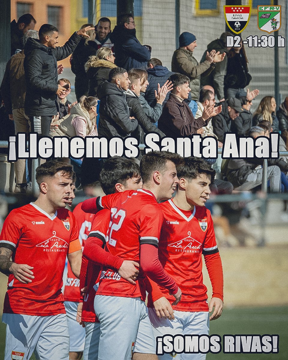 ¡El domingo te esperamos en Santa Ana para animar a nuestro primer equipo! 

Los de Alex Rodríguez buscarán la duodécima victoria consecutiva en el derbi. 

❤️🤍🖤

#VamosRivas