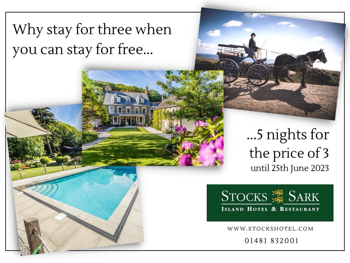 🛎️ Why stay for three when you can stay for FREE…

5 nights for the price of 3 when you stay at Stocks Hotel Sark until 25th June 2023. T&C's apply.

📞 01481 832001
📧 reception@stockshotel.com
📲  stockshotel.com/offers/every-d…

#lovesark #ThatIslandFeeling