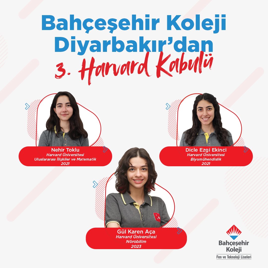 ❤️💙 Bu Gurur Hepimizin! 

2021 yılında Harvard Üniversitesinden aldıkları kabullerle gurur kaynağımız olan Diyarbakır Hevsel Fen ve Teknoloji Lisesi öğrencilerimiz Nehir Toklu ve Dicle Ezgi Ekinci’in ardından sevgili öğrencimiz Gül Karen Aça da Harvard Üniversitesi Biomedikal