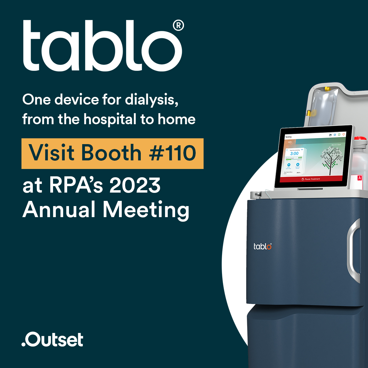 OutsetMedical's tweet photo. Attending @RPANephrology's #RPA23 Annual Meeting in New Orleans? 

Be sure to visit us at Booth #110 in the exhibit hall to speak with #TeamOutsetMedical and learn how #TabloDialysis is designed to make dialysis easier for your practice and patients. #BetterBeginsNow https://t.co/1q9UAaSNE7
