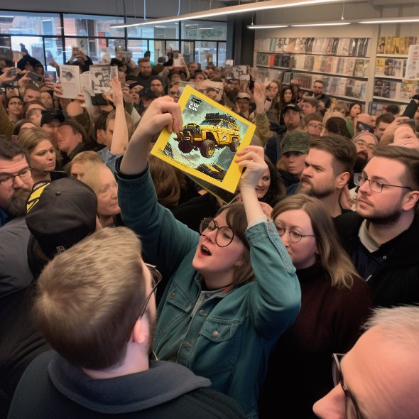 ProbCause's tweet photo. Gm! New tune dropped today. Here’s a lil preview along with some Ai photos of people fighting over the last copy of our album! https://t.co/LDDzqVCN0E
