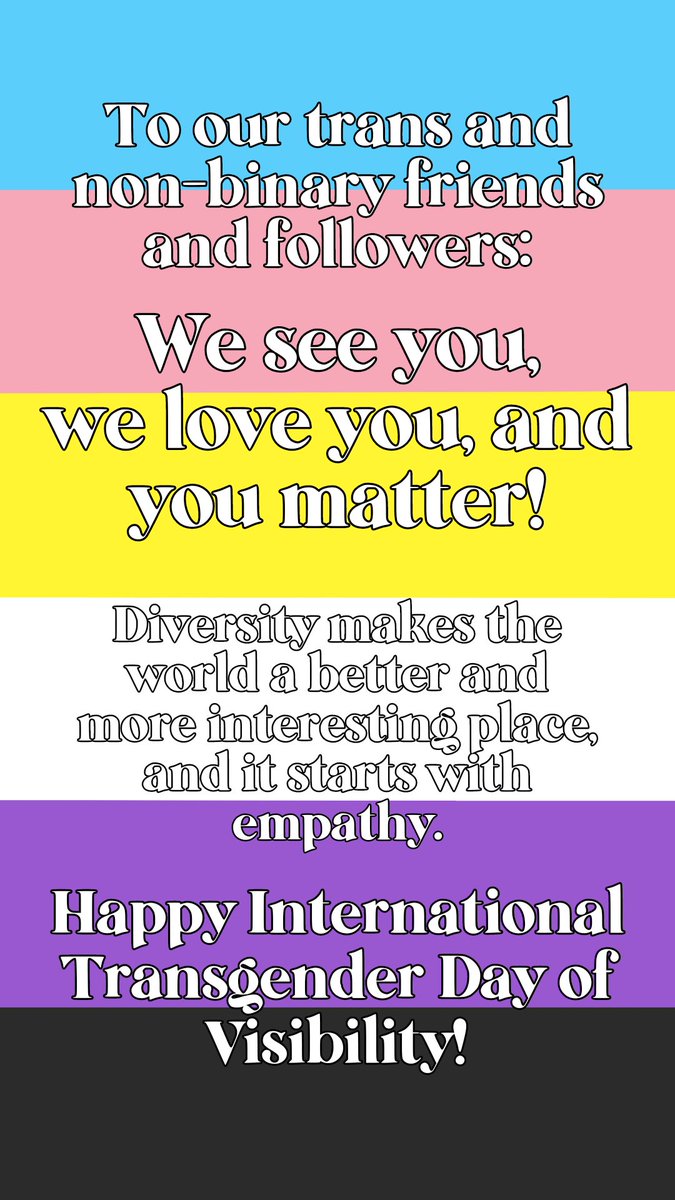 Happy International Transgender Day of Visibility, everyone! 🏳️‍⚧️

Today and every day, trans rights are human rights. If you're looking for ways you can help support your transgender friends, check out the info below!

#TransDayOfVisibility #TransRightsAreHumanRights