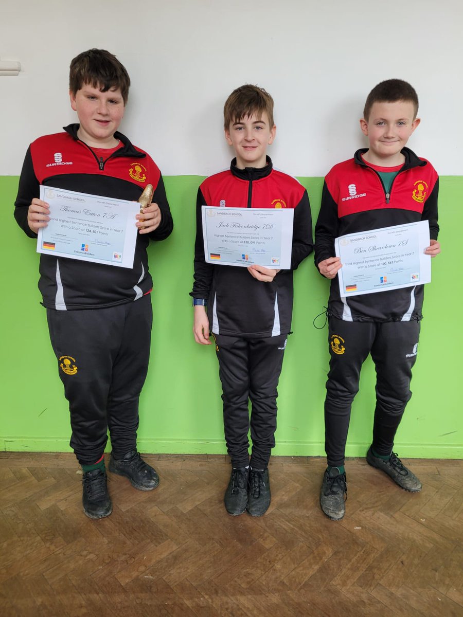MFLSandbach's tweet photo. Congratulations to Tom (7A), Jack (7D) and Ben (7S) who were the top Year 7 scorers on Sentence Builders this term. Das ist fantastisch! 🇩🇪 https://t.co/OgmXbS4lAW