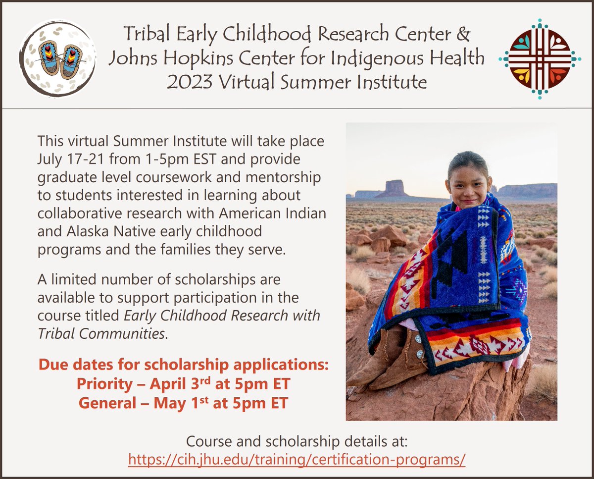 @TheTRC (@thetrc) on Twitter photo š¢Due date update: Scholarship apps to join us & <a href="/JHUCIH/">Center for Indigenous Health</a> for our Virtual Summer Institute course āEarly Childhood Research with Tribal Communities" are due April 3 at 5pm ET with additional apps received through May 1 at 5pm ET reviewed on a rolling basis. cih.jhu.edu/training/certi⦠š¢Due date update: Scholarship apps to join us & <a href="/JHUCIH/">Center for Indigenous Health</a> for our Virtual Summer Institute course āEarly Childhood Research with Tribal Communities" are due April 3 at 5pm ET with additional apps received through May 1 at 5pm ET reviewed on a rolling basis. cih.jhu.edu/training/certiā¦