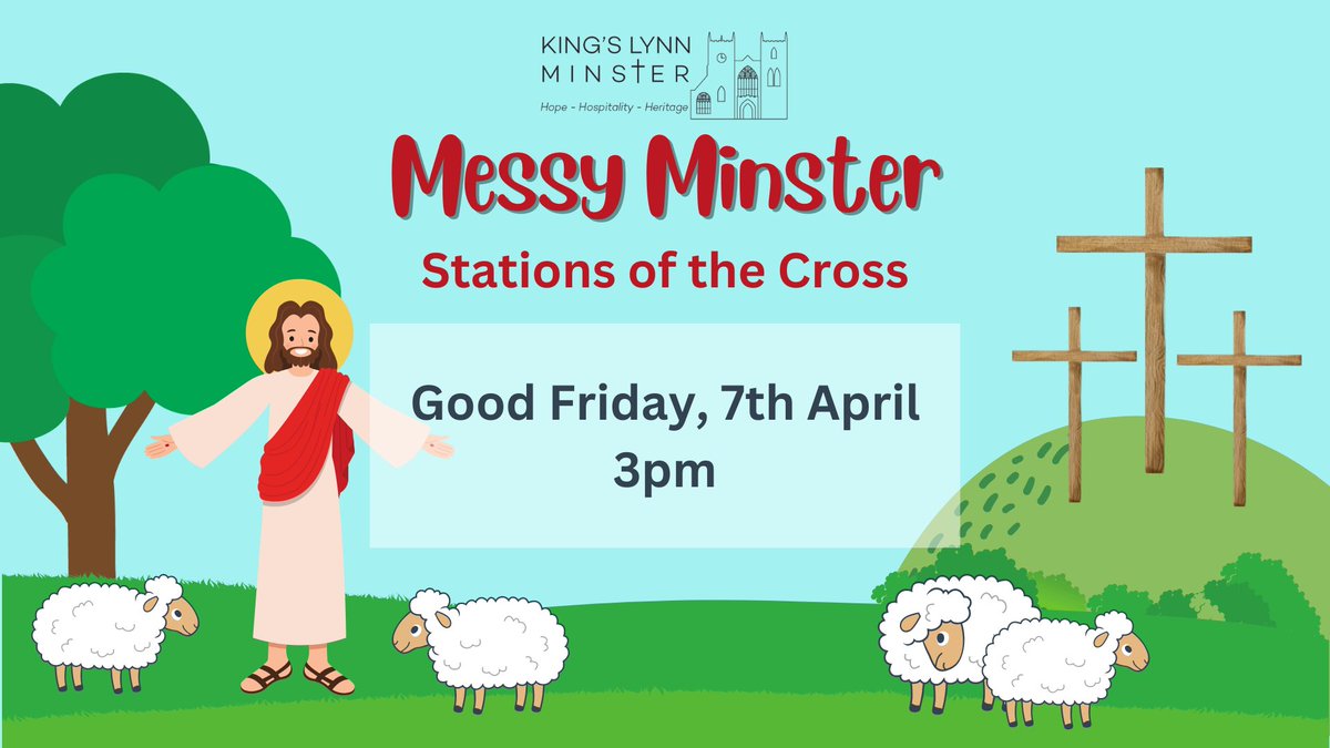✨Join us on Good Friday, 7th April at 3pm for a free Messy Minster session about Stations of the Cross. 

We will follow interactive Stations of the Cross around the church and enjoy some light refreshments. 

You can book here: bit.ly/KLMinsterEvents 
Or drop in on the day.