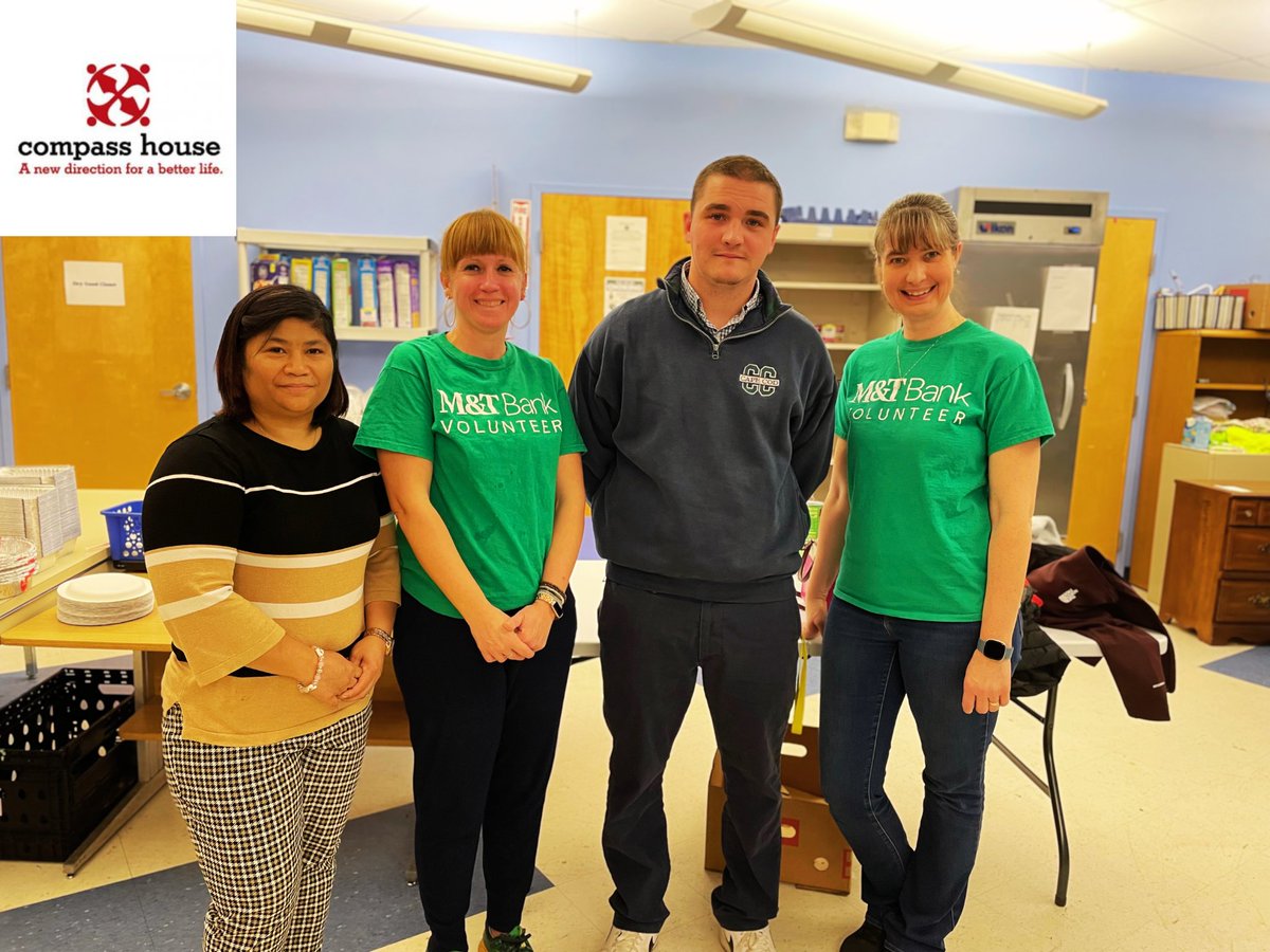 We would like to thank our volunteers from <a href="/MandT_Bank/">M&T Bank</a>  who came to cook dinner for our clients last night! They made spaghetti and meat sauce which was a huge hit with our clients. 
Pictured with them is the new Compass House Volunteer and Communications Coordinator Adam Noonan!