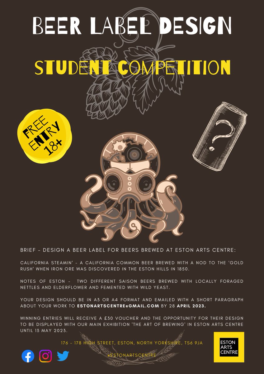 estonartscentre's tweet photo. Calling all student artists! We're looking for label designs for our Eston brewed beers as part of The Art of Brewing exhibition. Winners will be displayed in our gallery with @Altogether_uk. Send entries to estonartscentre@gmail.com by 28/04 #beerisart #craftbeer #eston https://t.co/mI3nZ1mA4a