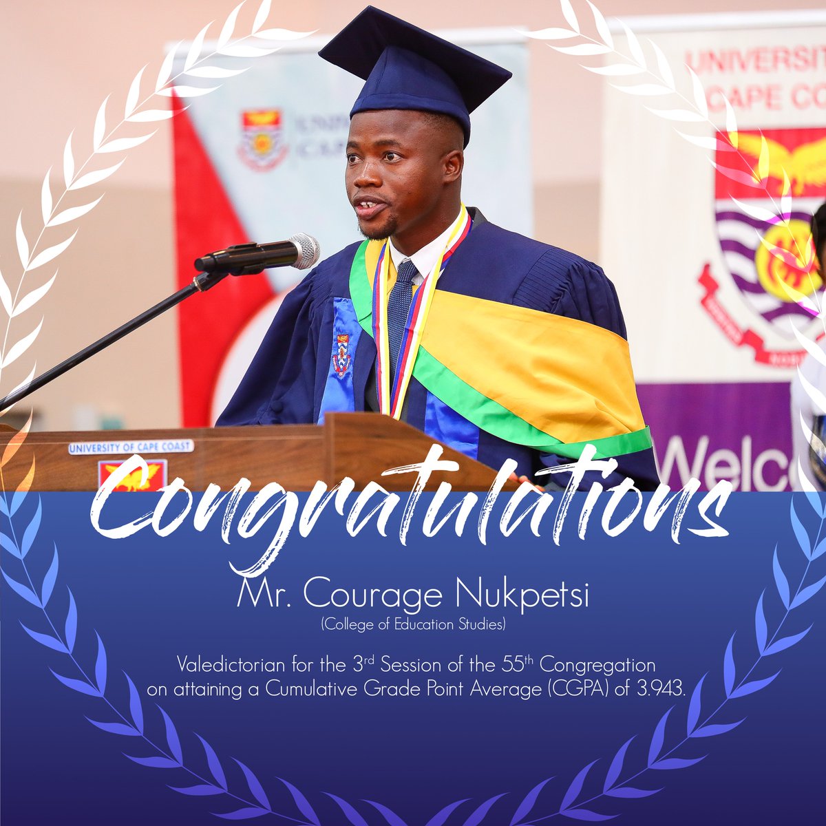CapeVars's tweet photo. Kudos on your giant feat, Courage Nukpetsi (Faculty of Science and Technical Education).
#UCC: We are the teachers of the nation
We learn to teach, we find out and pass on
We counsel, we guide that all may be enlightened #Congratulations #55thcongregation #capevars https://t.co/wLuA8th65x