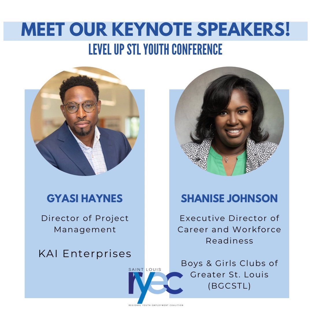 We are exited to announce our two speakers for this year’s conference!

Gyasi Haynes of @kaienterprises 
Shanise Johnson of @bgcstl 

We look forward to sharing a bit more about them leading up to the conference! #levelupstl #ryec #stemstl