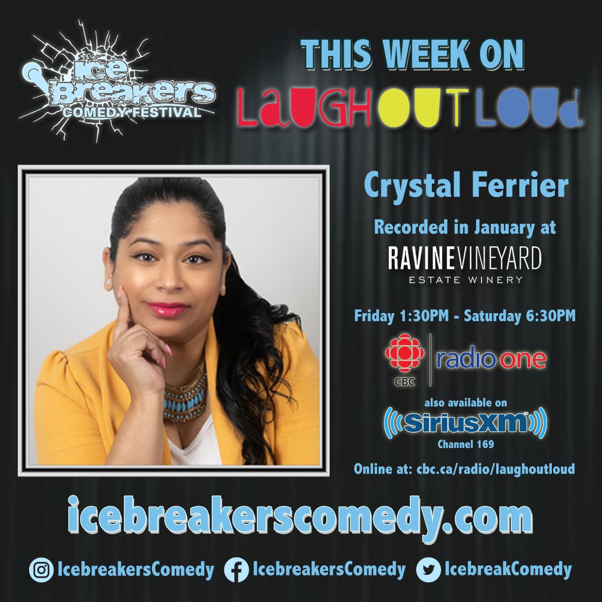 Icebreakers Comedy (@icebreakcomedy) on Twitter photo Be sure to check out the hilarious <a href="/MsFerrier/">Crystal Ferrier</a> on this week’s episode of <a href="/LOLCBC/">Laugh Out Loud</a>!
Record in January at <a href="/RavineVineyard/">Ravine Vineyard</a> and now available to stream online!
Or you can tune into <a href="/cbcradio/">CBC Radio</a> or <a href="/siriusxmcanada/">SiriusXM Canada</a> and listen the old fashioned way! Be sure to check out the hilarious <a href="/MsFerrier/">Crystal Ferrier</a> on this week’s episode of <a href="/LOLCBC/">Laugh Out Loud</a>!
Record in January at <a href="/RavineVineyard/">Ravine Vineyard</a> and now available to stream online!
Or you can tune into <a href="/cbcradio/">CBC Radio</a> or <a href="/siriusxmcanada/">SiriusXM Canada</a> and listen the old fashioned way!