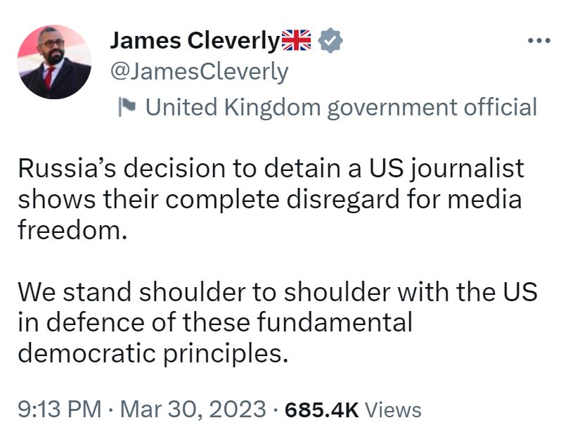 Look who's talking, the official of a country that has put Julian Assange behind bars at the behest of the US for exposing the US's war crimes. The hypocrisy of these people is absolutely staggering.