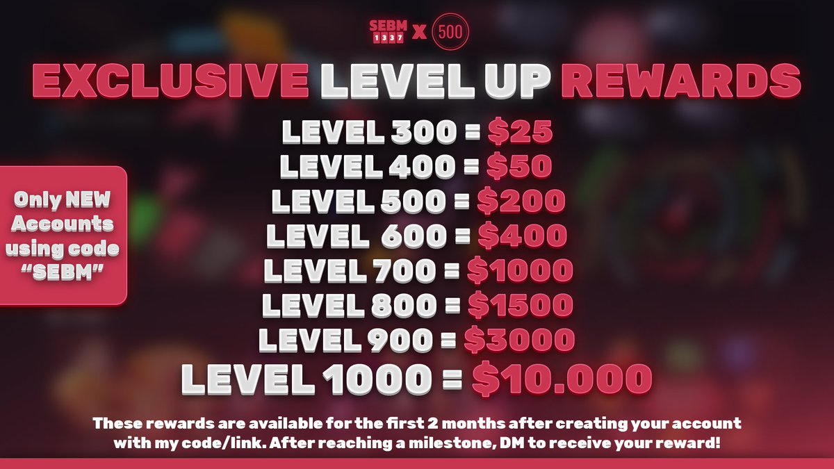 SEBM1337's tweet photo. ✅ $100 GIVEAWAY  
➡️ RT and @ a friend that needs to play somewhere else with much better rewards!

On top of my $5.000 monthly leaderboard, I'm now also launching LEVEL UP REWARDS 😳🔥

Code SEBM do be looking kinda juicy 👉👈🫧 https://t.co/zJVaKuFm81