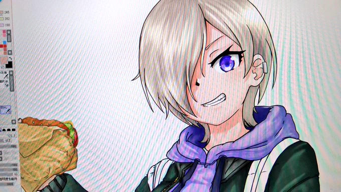 ニューヨーク出身のかっこいい&amp;かわいい女の子がハンバーガーを食べているイラストですあとちょっと、明日には完成です。どうでもいいんですけど、ボクと誕生日が1日違いなんですよ。運命かな? 