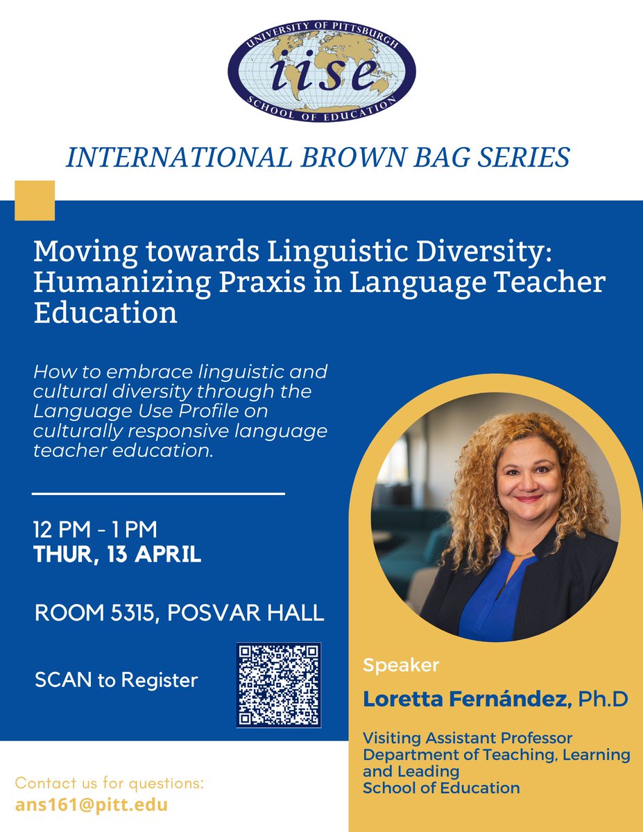 Pitt_IISE's tweet image. Join us for the IISE Brown Bag Series on April 13th from noon-1pm at room 5315 Posval Hall. Dr. Loretta Fernández will share insights on humanizing approaches to language education. In person and virtual. Register here:buff.ly/40xTmEd 
#IISE #BrownBagSeries #LanguageEd