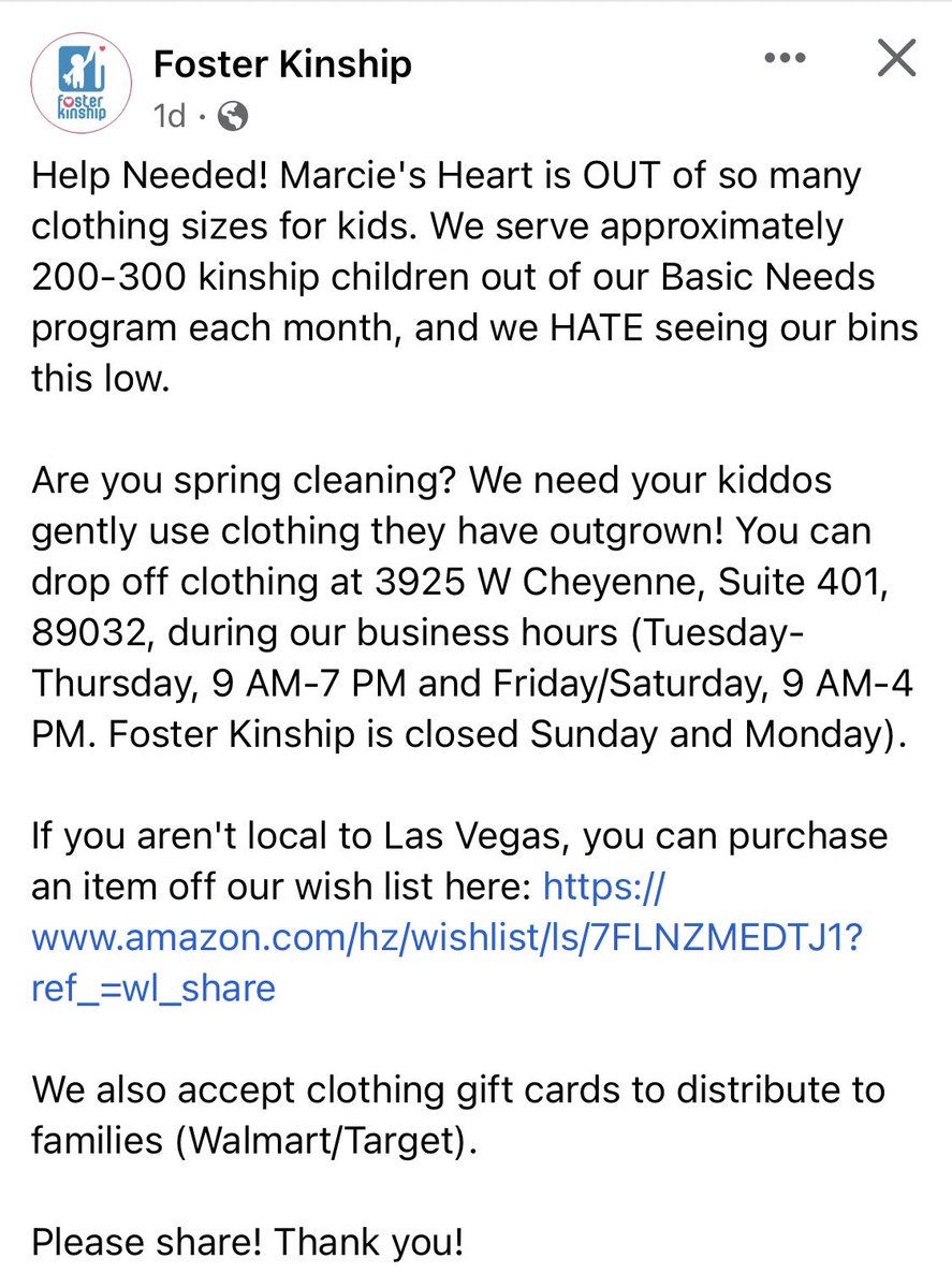 Sounds like <a href="/FosterKinship/">Foster Kinship</a> would be a great destination for gently used kid clothing if you’re spring cleaning. Here’s a message they posted to Facebook asking for help. I profiled them as the <a href="/KTNV/">KTNV | Channel 13 News Las Vegas</a> Vegas Stronger Champion last month: ktnv.com/news/vegas-str….