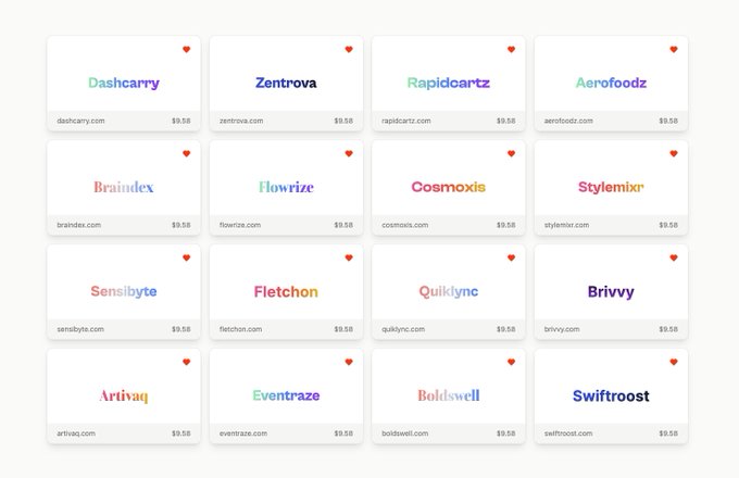 Screenshot of available .com domains generated by DomainsGPT (owd.li/gpt)