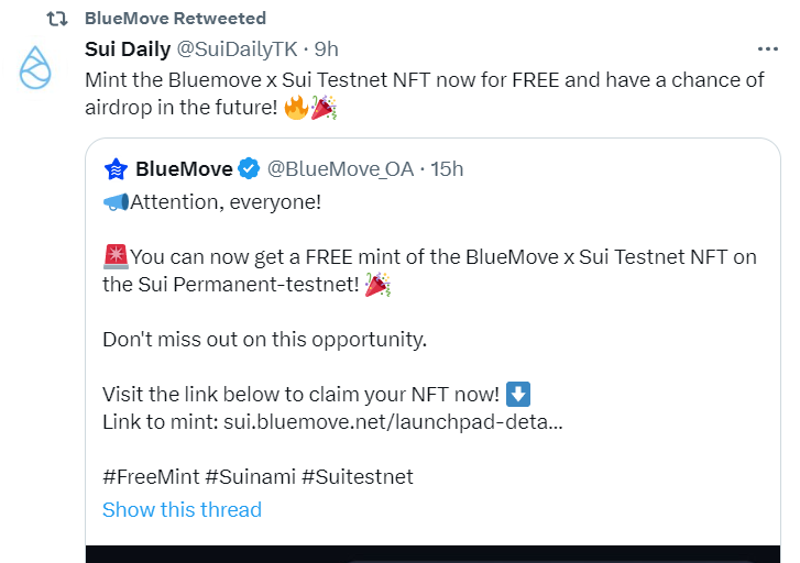 kepodof's tweet photo. @SuiNetwork @SuiDailyTK  released the first nft on @BlueMove_OA  with a hint of future airdrop. 
Free mint is on the test network at SUI, hurry up and get your NFT https://t.co/S9Wb7kCKMf https://t.co/Eec0llAeZk