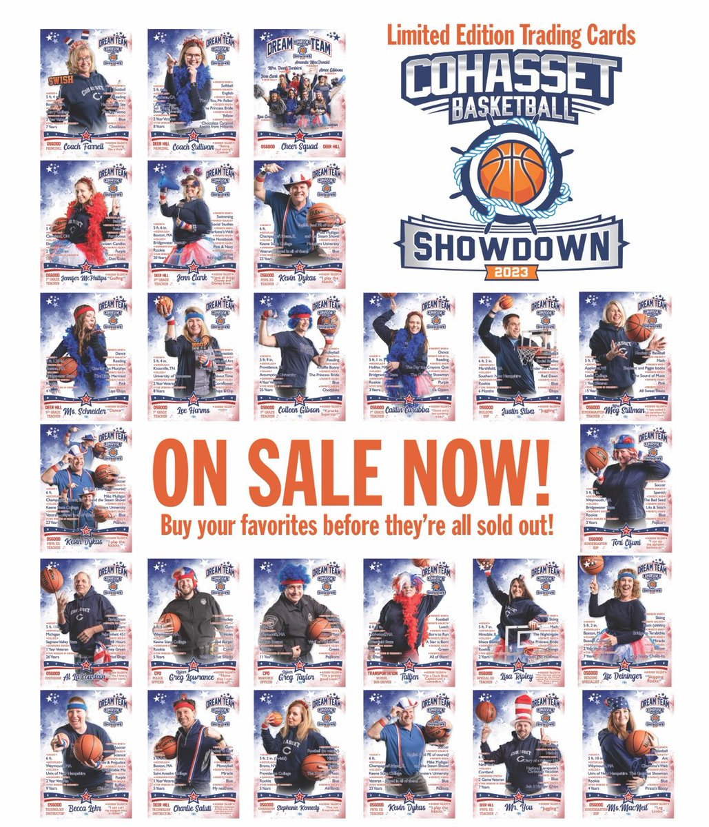 THEY’RE HERE!  Cohasset Dream Team Trading Cards are now on sale!  Join in the game action off the court by picking up cards of your favorite players to swap or save. We have sets, singles and even vintage classics from the 2019 Basketball Showdown.
cohassetpso.org/showdown-shop/