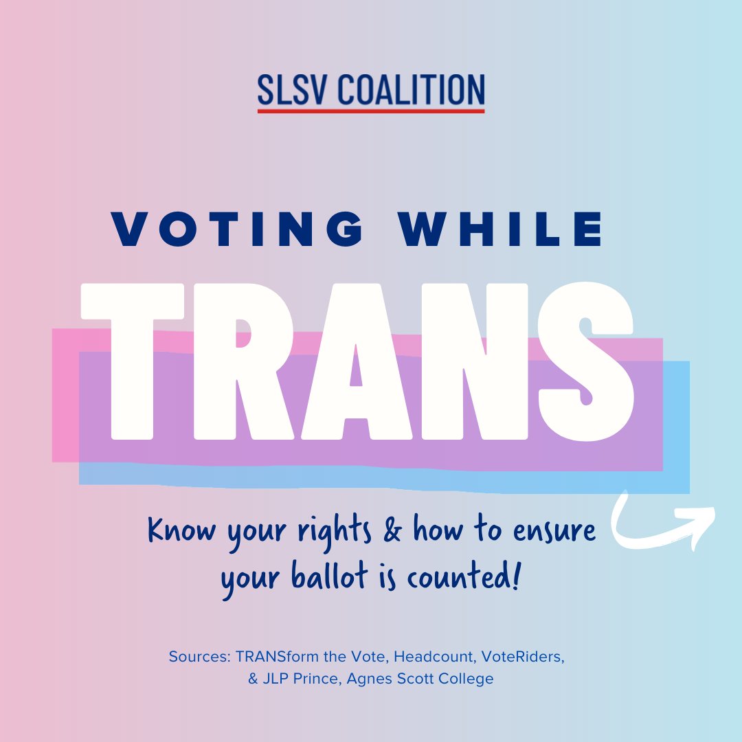 SLSVCoalition's tweet photo. Happy #TransDayOfVisibility! 🏳️‍⚧️✨

Trans &amp; nonbinary voters face significant barriers to the ballot. Check out our #VotingWhileTrans checklist to ensure you or any trans voter you know can successfully cast a ballot in 2023! 

Shoutout @HeadCountOrg &amp; @VoteRiders! https://t.co/5Yl9DtcHMg