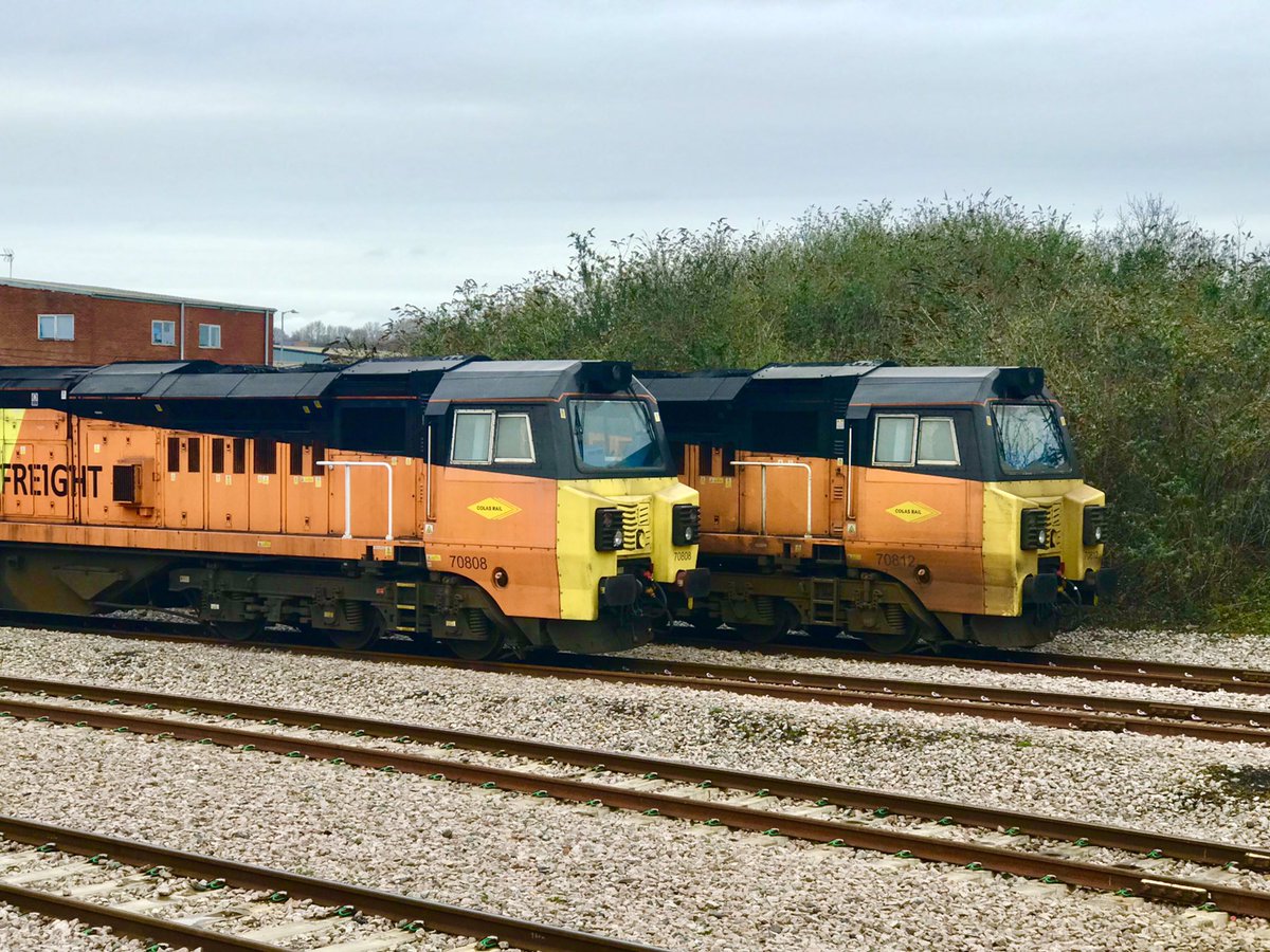 One from earlier this week for #FreightFriday, @ColasRailUK 70808 + 70812 rest outside Rugby OTP Depot. Believe both had come from Carlisle #SpottingFromWork