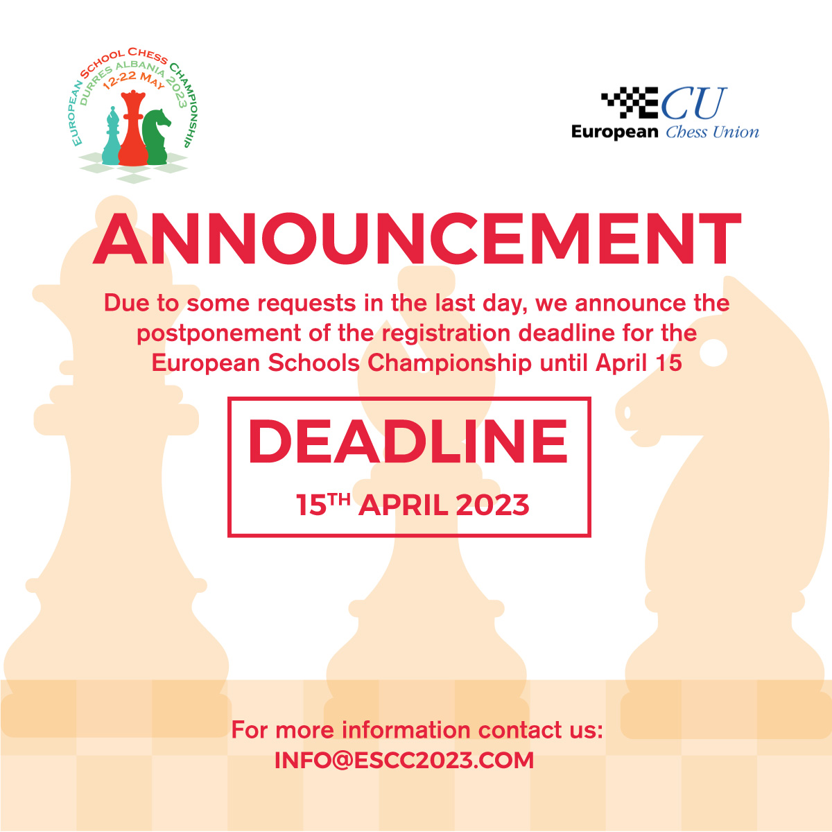 👉Announcement: Due to some requests in the last day, we announce the postponement of the registration deadline for the European Schools Championship until April 15, 2023