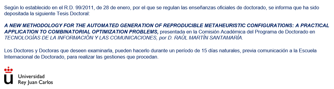 🎉 ¡Felicidades <a href="/rmartinsanta/">Raúl Martín</a> !, he vivido de cerca toda la dedicación y el duro trabajo en los últimos años, ¡tesis depositada!

Si alguien quiere un spoiler...
🌐 github.com/rmartinsanta/m…

<a href="/AbrahamDuarteMu/">Abraham Duarte</a> <a href="/jmcolmenarv/">José Manuel Colmenar</a> 
<a href="/etsii_urjc/">ETSII-URJC</a> <a href="/urjc/">URJC</a> 
#grafo