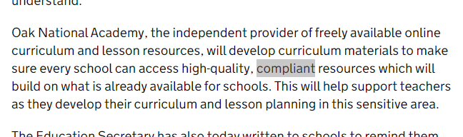 LouisMMCoiffait's tweet photo. Wow, that didn't take long. "Independent" Oak to promote ministers' approved and 'compliant' sex ed resources, before the fast-tracked review even takes place, and already beyond their 'core subjects' remit #RSHE #CultureWar #OneOption #NotOptional https://t.co/hhJk6udTzO https://t.co/nHEYBZ2IXO