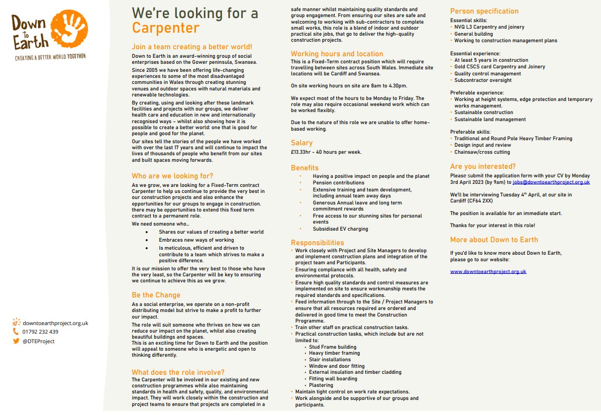 DTEProject's tweet photo. IMMEDIATE START Carpenter job opportunity - deadline to apply is Monday 3rd April - Cardiff &amp; Swansea work. See job advert below - email CV to jobs@downtoearthproject.org.uk 
@WCVACymru @SwanseaCVS @ToniaAntoniazzi @JulieJamesMS @YMCASwansea @Health_Charity @charlottechurch https://t.co/BZj234kGt5