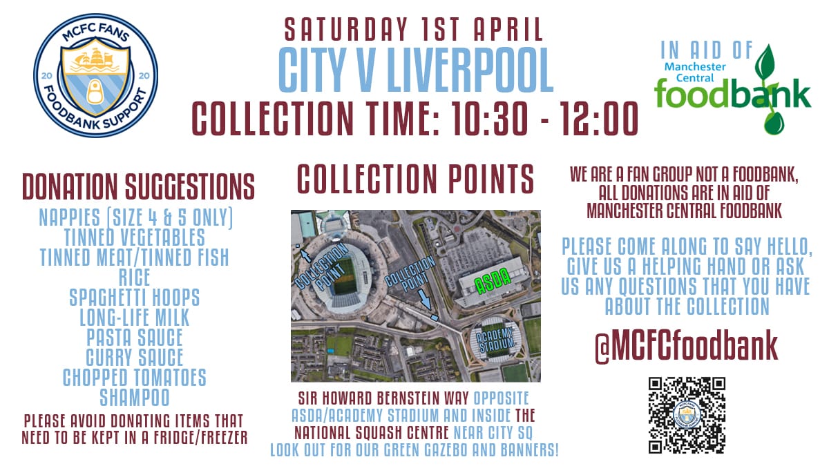 We'll be at the usual spot from 10:30am tomorrow ahead of City vs Liverpool, for what will be our  26th collection of the season ⚽

Collecting donations of food + toiletries for Manchester Central Foodbank, all going to Mancunians in need of support right now. Come say hello! ✊