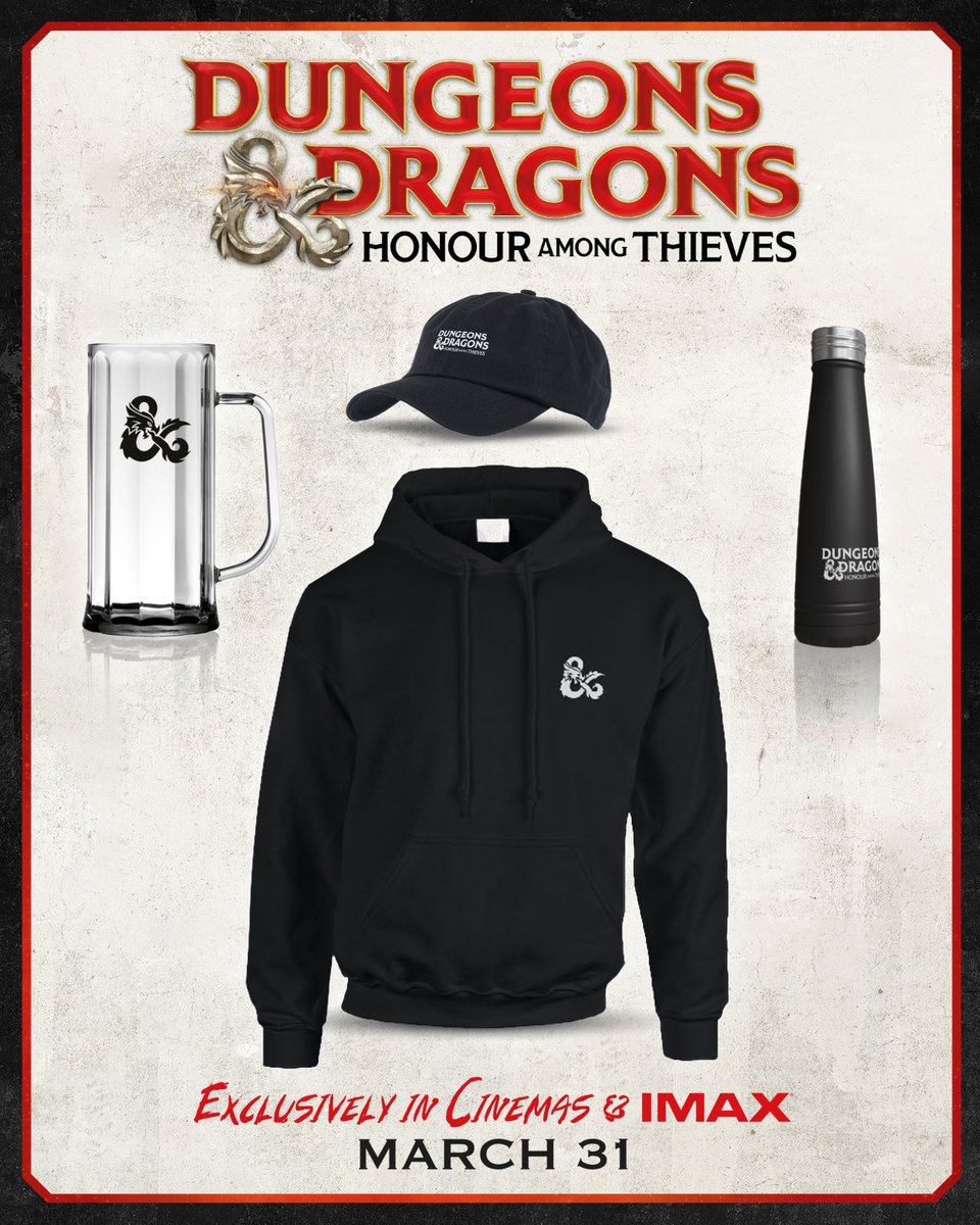 Competition time! 🐉 To celebrate Dungeons & Dragons: Honour Among Thieves rolling into cinemas today, we have 3x prize bundles to give away! Including a special D&D hoodie, tote bag, tankard, cap and water bottle. Fancy winning one? Follow us and RT this. UK only. Good luck!