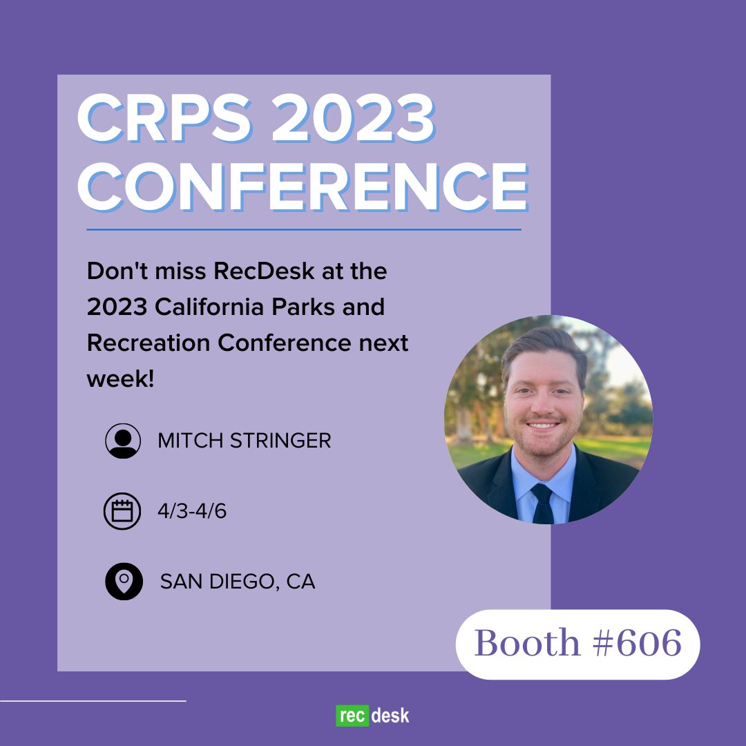 recdesk's tweet image. Mitch is attending the CRPS Conference next week in San Diego. He will be at booth #606, be sure to stop by and say hi if you&apos;ll be there! #parksandrecreation #recreationmanagementsoftware #crps2023 #connections