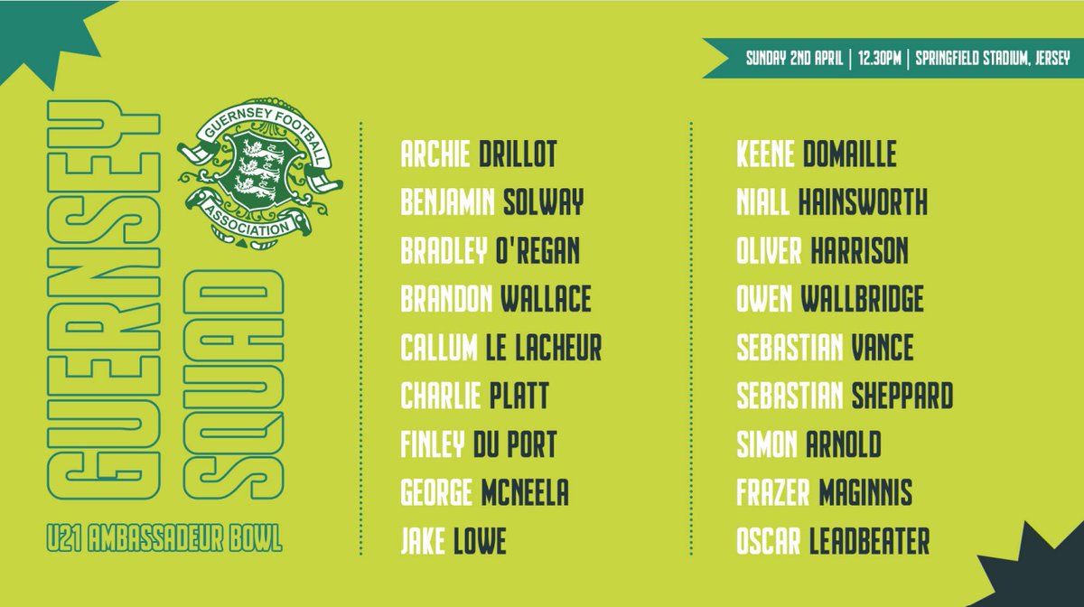 Join us upstairs at Crossbar this Sunday (2 April) to cheer on our Guernsey Under 21 team as they face Jersey in the U21 Ambassadeur Bowl. We're streaming the game from Springfield Stadium in St Helier from 12pm. 

Best of luck to our Guernsey U21s! ⚽ #AmbassadeurBowl #Crossbar