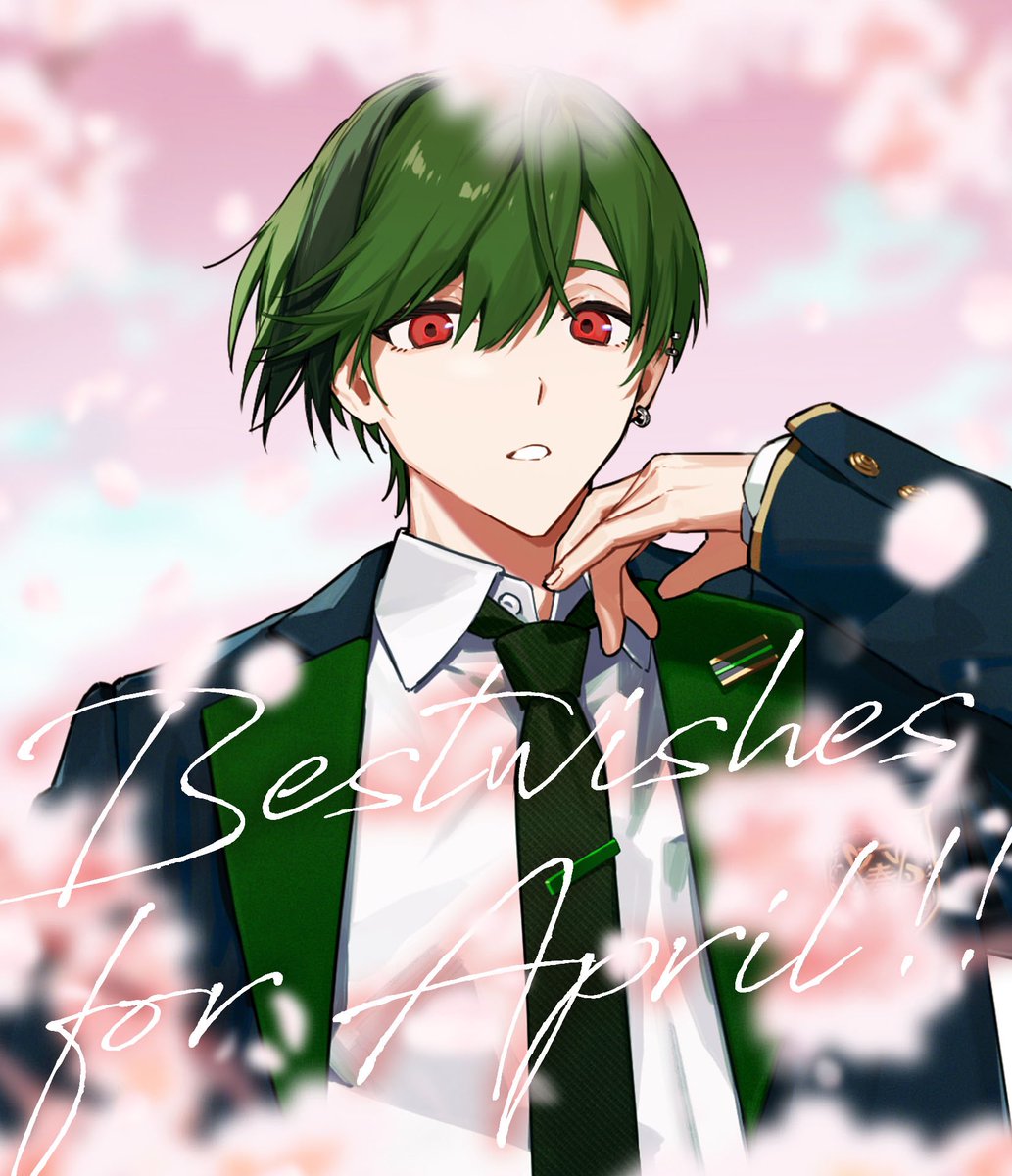 1boy male focus green hair necktie red eyes solo happy birthday  illustration images