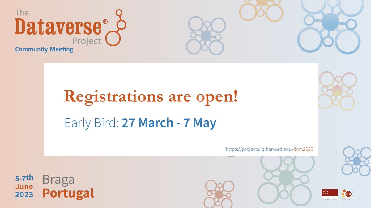 dataverseorg's tweet image. 📢Early bird registration for #Dataverse2023 is open!

Register here - bit.ly/Dataverse2023_… 
👉Find all the details about this year&apos;s event - projects.iq.harvard.edu/dcm2023 
#OpenSoftware #DataRepositories #Dataverse