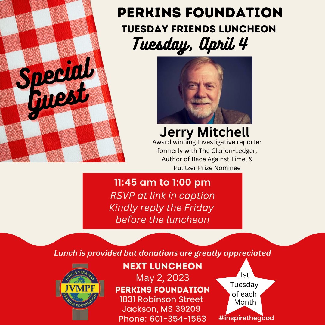 JohnMPerkins's tweet photo. Be sure to RSVP today to hear legendary journalist, @JMitchellNews at Tuesday’s luncheon! It will be picnic style so dress appropriately.
RSVP here: https://t.co/RGWA1wlBAV
#JVMPF #InspireTheGood #Luncheon #Fellowship https://t.co/1R0EflHcJB