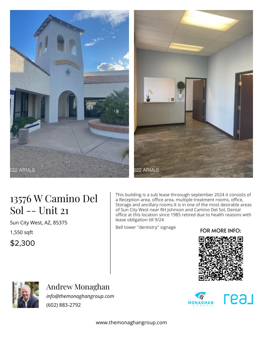 Amazing opportunity alert! Prime location in Sun City West📌☀🌴 with a well-established dental office🏢. 
FOR MORE INFO: bit.ly/13576WCaminoDe…

#themonaghangroup #arizonahomes #arizonarealestate #suncitywestaz #RealBroker #justlistedhomes  #commerciallisting #commerciallease