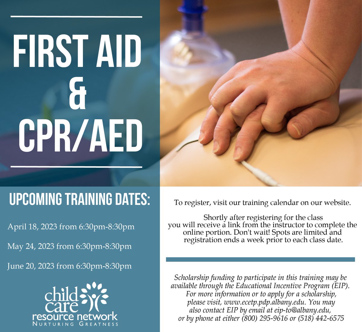 WNYChildren's tweet photo. CCRN is offering blended First Aid and CPR/AED trainings!

he next dates are: 
• 4/18/23 from 6:30-8:30pm
• 5/24/23 from 6:30-8:30pm
• 6/20/23 from 6:30-8:30pm
To register, visit our training calendar on our website, https://t.co/OKDuYRqnM9 https://t.co/JQRkVCB9g1