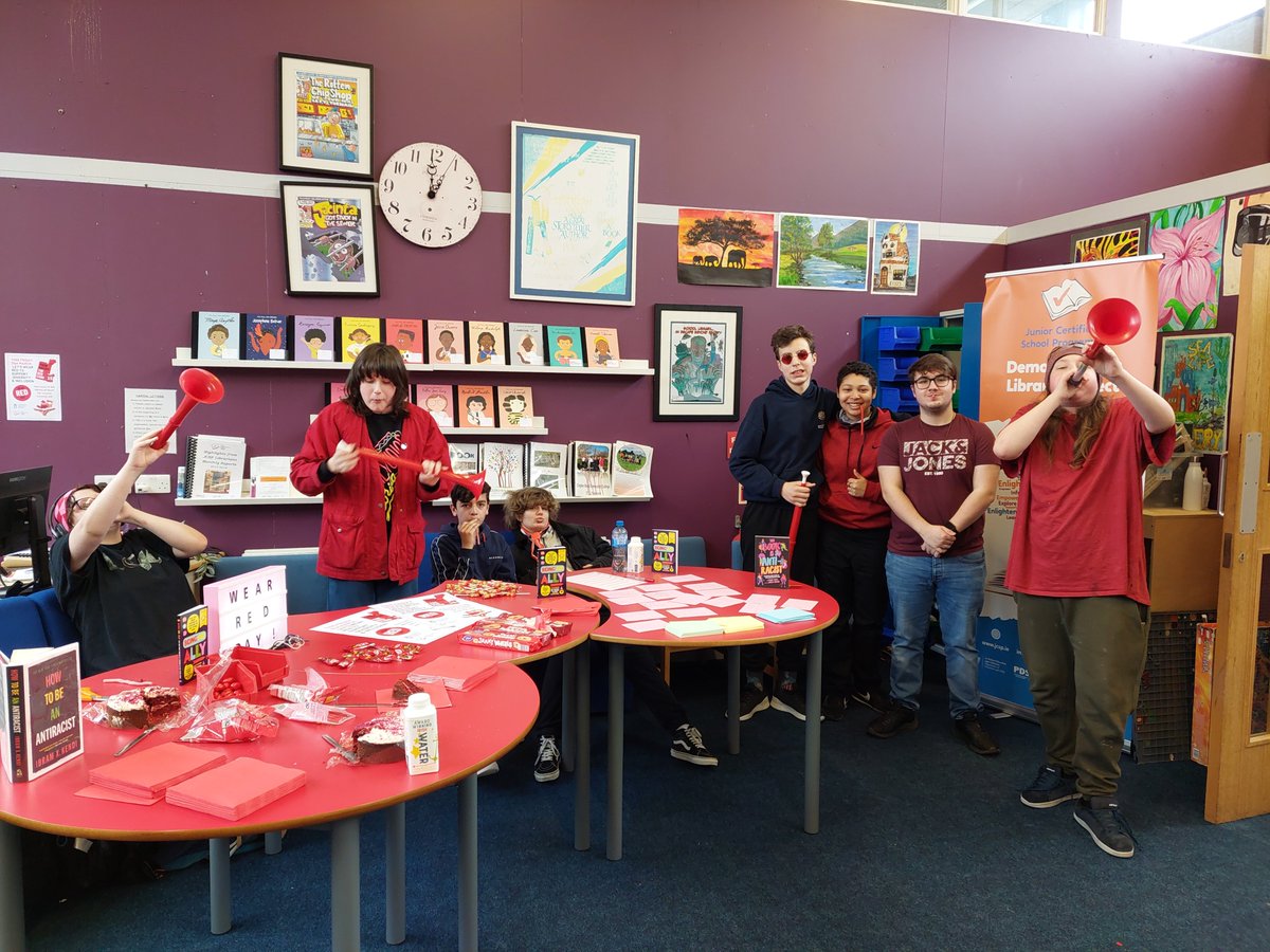 JCSPLynottLib's tweet photo. Today our students &amp; staff marked #WearRedDay to celebrate diversity &amp; inclusion, and to Give Racism the Red Card ❗️🛑

We had a special red-themed lunch in the library and some of students wrote acrostic poems on ALLYSHIP🤗❤️ https://t.co/m1i5Tja8NQ