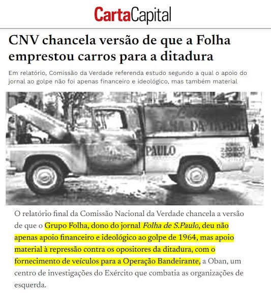 flaviocostaf's tweet photo. Sobre a @folha e a ditadura:

“O relatório final da Comissão Nacional da Verdade chancela a versão de que o Grupo Folha, dono do jornal Folha de S. Paulo, deu não apenas apoio financeiro e ideológico ao golpe de 1964, mas apoio material à repressão contra os opositores da ditadura, com o fornecimento de veículos para a Operação Bandeirante, a Oban, um centro de investigações do Exército que combatia as organizações de esquerda.”