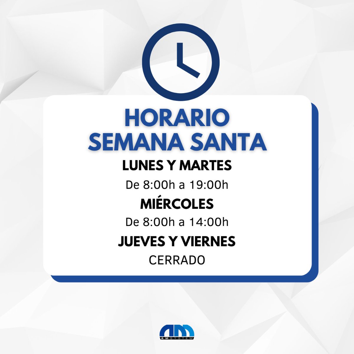 am_system's tweet image. 📢 ¡Atención!
Si nos necesitas la semana que viene, este 👇👇 es el horario en el que nos puedes encontrar 😉

#amsystem #softwaredegestion #alo #alosuite #alopms #alopresencia