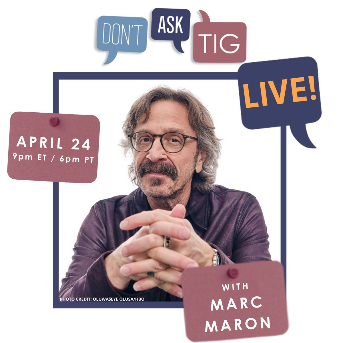 BIG NEWS! On 4/24, @TigNotaro will be joined by @marcmaron @WTFpod for a virtual show that YOU can join! Ticket holders will have a chance to submit Qs to Tig & Marc. 10 lucky folks will be a part of a special surprise during the broadcast! Register: support.americanpublicmedia.org/dontasktig-eve…
