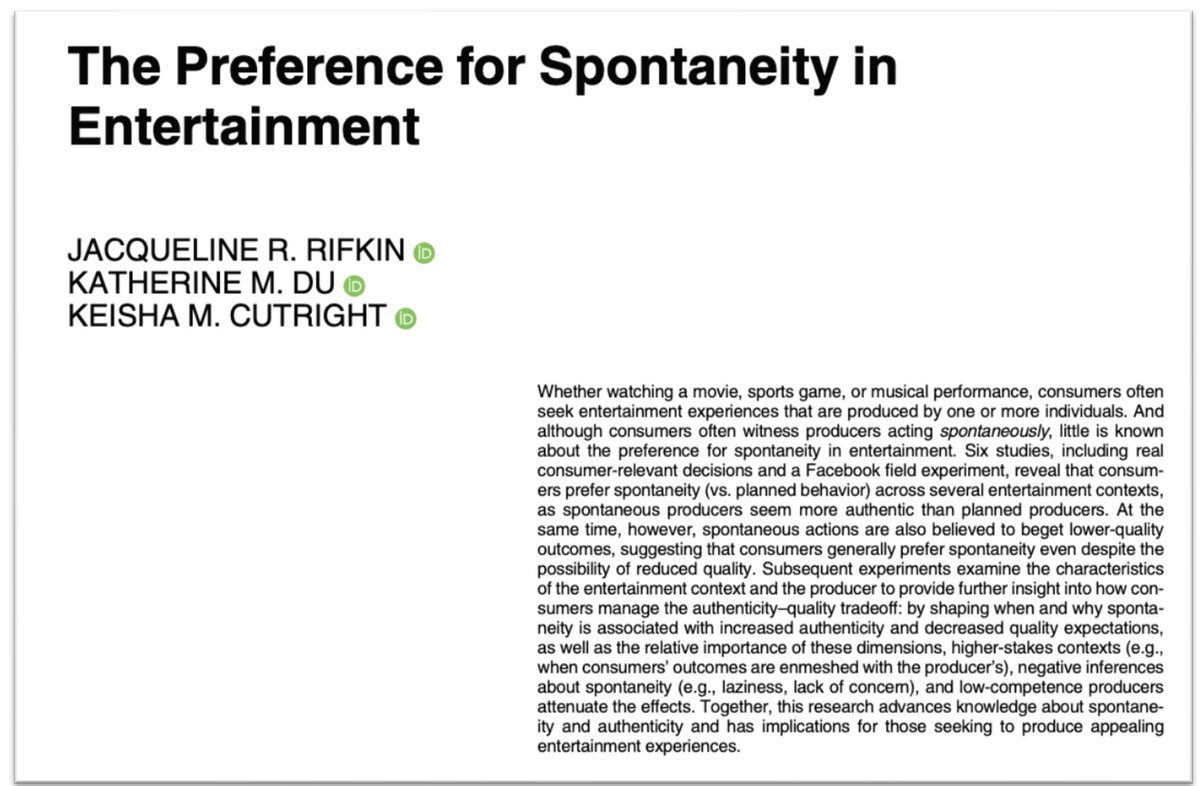 Great entertainment often has spontaneity—ad-libbed lines (Lotus’ “Peppa Pig”), last-minute recordings (Beatles’ 1969 rooftop concert), on-the-fly sports plays (Mahomes’ “flick” pass). But do consumers like spontaneity in entertainment? Why or why not? (1/6)