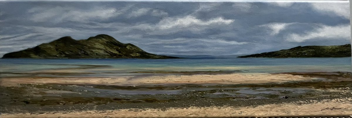 Acrylic painting, using palette knife &amp; fine grit to give texture.
View of Holy Isle from Lamlash on Arran. Another ‘Memory on Canvas’ to hang on my wall #scotland #holyisle #isleofarran #seascspe #beach #landscape #coastal #acrylicart