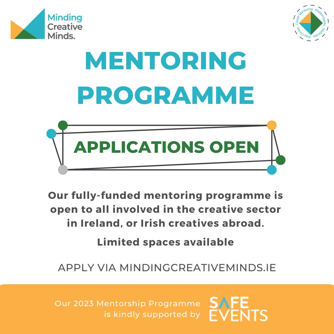 Would you like a mentor to help you navigate your creative career? Apply now to learn about 🔸economic empowerment 🔸promoting your work 🔸strengthening confidence & personal brand 🔸how to achieve career goals mindingcreativeminds.ie/mentorship-pro… Kindly supported by @SafeEventsIE