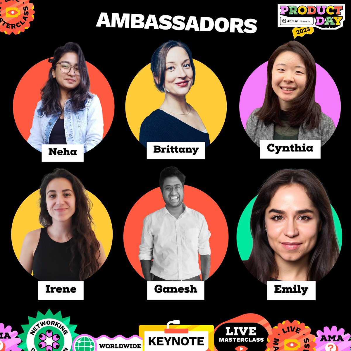 ADPList's tweet image. 🔥Thrilled to officially announce our #ProductDay2023 conference ambassadors!

A huge thank you for your dedication &amp;amp; support! 🙌 We can't wait to welcome everyone to an amazing conference experience 🎉.

Join us: bit.ly/3FpndGk