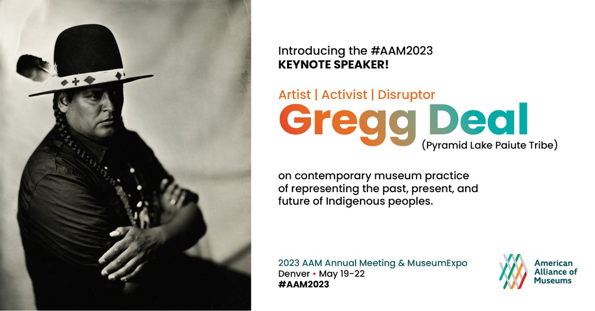 AAMers's tweet photo. Over 2,000 museum professionals are registered for #AAM2023—join us!

Learn about our exciting keynote speaker Gregg Deal (Pyramid Lake Paiute Tribe), joined on the stage by Virgil Ortiz, Cassandra Atencio, John Lukavic, and moderated by Dawn DiPrince. https://t.co/zKLaf4IQXH https://t.co/ps8054WGsF